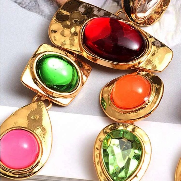 Gold multicolor statement earrings - retro spring earrings -multicolor earrings - Picture 3 of 5